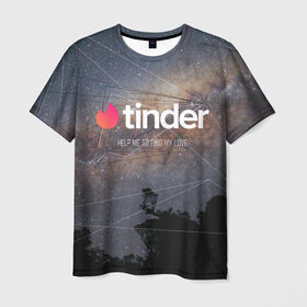 Мужская футболка 3D с принтом Tinder Find Love Тиндер в Кировске, 100% полиэфир | прямой крой, круглый вырез горловины, длина до линии бедер | Тематика изображения на принте: find | help | love | me | my | to | геометрия | звезды | знакомства | космос | небо | тиндер