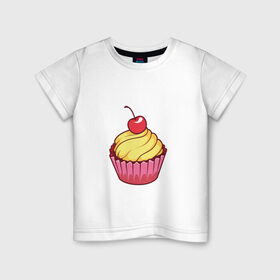 Детская футболка хлопок с принтом кекс с вишней в Кировске, 100% хлопок | круглый вырез горловины, полуприлегающий силуэт, длина до линии бедер | вишенка | вишня | вкусняшка | десерт | еда | желтый | кекс | кексик | крем | нямка | праздник | розовый | сладости | торт | тортик