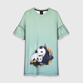 Детское платье 3D с принтом акварельные панды в Кировске, 100% полиэстер | прямой силуэт, чуть расширенный к низу. Круглая горловина, на рукавах — воланы | Тематика изображения на принте: акварель | двое | животные | звери | мило | мишки | обнимашки | панды | пара | природа | рисунок