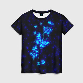 Женская футболка 3D с принтом Неоновые бабочки в Кировске, 100% полиэфир ( синтетическое хлопкоподобное полотно) | прямой крой, круглый вырез горловины, длина до линии бедер | butterfly | dream | fantasy | neon | space | stars | wings | бабочки | бабочки космос | блестящие | весна | вселенная | галактика | голубые бабочки | девочкам | девушкам | звезды | космические | космос | крыя | лето
