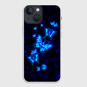 Чехол для iPhone 13 mini с принтом Неоновые бабочки в Кировске,  |  | butterfly | dream | fantasy | neon | space | stars | wings | бабочки | бабочки космос | блестящие | весна | вселенная | галактика | голубые бабочки | девочкам | девушкам | звезды | космические | космос | крыя | лето