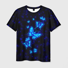 Мужская футболка 3D с принтом Неоновые бабочки в Кировске, 100% полиэфир | прямой крой, круглый вырез горловины, длина до линии бедер | Тематика изображения на принте: butterfly | dream | fantasy | neon | space | stars | wings | бабочки | бабочки космос | блестящие | весна | вселенная | галактика | голубые бабочки | девочкам | девушкам | звезды | космические | космос | крыя | лето