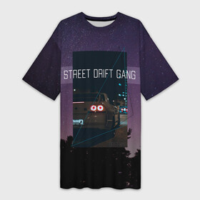 Платье-футболка 3D с принтом Street Drift Gang | Дрифт в Кировске,  |  | drift | gang | gtr | jdm | king | nissan | skyline | street | геометрия | годзилла | город | дрифт | дрифта | звездное | звезды | король | космос | небо | ниссан | ночной | скай | скайлайн | улица | уличного | фонк