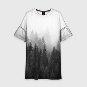 Детское платье 3D с принтом Туманный лес в Кировске, 100% полиэстер | прямой силуэт, чуть расширенный к низу. Круглая горловина, на рукавах — воланы | Тематика изображения на принте: tegunvteg | деревья | лес | листья | природа | темный лес | туман | туманный лес