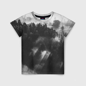 Детская футболка 3D с принтом Туман в лесу в Кировске, 100% гипоаллергенный полиэфир | прямой крой, круглый вырез горловины, длина до линии бедер, чуть спущенное плечо, ткань немного тянется | Тематика изображения на принте: tegunvteg | деревья | лес | листья | природа | темный лес | туман