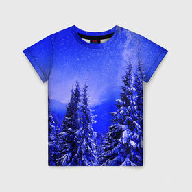 Детская футболка 3D с принтом Зимний лес в Кировске, 100% гипоаллергенный полиэфир | прямой крой, круглый вырез горловины, длина до линии бедер, чуть спущенное плечо, ткань немного тянется | tegunvteg | деревья | зима | зимний лес | лес | листья | мороз | природа | снег | темный лес