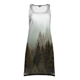 Платье-майка 3D с принтом Деревья в Кировске, 100% полиэстер | полуприлегающий силуэт, широкие бретели, круглый вырез горловины, удлиненный подол сзади. | tegunvteg | деревья | лес | листья | природа | темный лес | туман