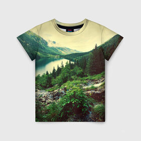 Детская футболка 3D с принтом Красивый лес в Кировске, 100% гипоаллергенный полиэфир | прямой крой, круглый вырез горловины, длина до линии бедер, чуть спущенное плечо, ткань немного тянется | tegunvteg | горы | деревья | красивый лес | лес | листья | природа | река | темный лес