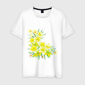 Мужская футболка хлопок с принтом Желтые нарциссы в Кировске, 100% хлопок | прямой крой, круглый вырез горловины, длина до линии бедер, слегка спущенное плечо. | букет | весна | восьмерка | женский день | нарцисс | нарциссы | праздник | рисунок | уголок | цветы