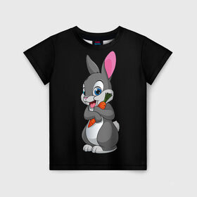 Детская футболка 3D с принтом ЗАЙКА в Кировске, 100% гипоаллергенный полиэфир | прямой крой, круглый вырез горловины, длина до линии бедер, чуть спущенное плечо, ткань немного тянется | Тематика изображения на принте: bunny | cartoon | hare | rabbit | белый | зайчик | заяц | кролик | морковка | мультик | серый