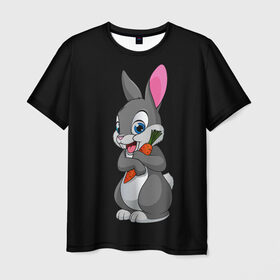 Мужская футболка 3D с принтом ЗАЙКА в Кировске, 100% полиэфир | прямой крой, круглый вырез горловины, длина до линии бедер | Тематика изображения на принте: bunny | cartoon | hare | rabbit | белый | зайчик | заяц | кролик | морковка | мультик | серый
