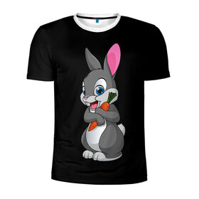 Мужская футболка 3D спортивная с принтом ЗАЙКА в Кировске, 100% полиэстер с улучшенными характеристиками | приталенный силуэт, круглая горловина, широкие плечи, сужается к линии бедра | Тематика изображения на принте: bunny | cartoon | hare | rabbit | белый | зайчик | заяц | кролик | морковка | мультик | серый