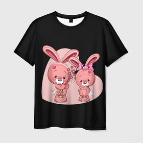 Мужская футболка 3D с принтом ЗАЙЧИКИ в Кировске, 100% полиэфир | прямой крой, круглый вырез горловины, длина до линии бедер | bunny | cartoon | hare | rabbit | зайка | заяц | кролик | мультик | розовый | цветы