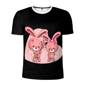 Мужская футболка 3D спортивная с принтом ЗАЙЧИКИ в Кировске, 100% полиэстер с улучшенными характеристиками | приталенный силуэт, круглая горловина, широкие плечи, сужается к линии бедра | bunny | cartoon | hare | rabbit | зайка | заяц | кролик | мультик | розовый | цветы