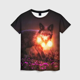 Женская футболка 3D с принтом Лисица с фонариками в Кировске, 100% полиэфир ( синтетическое хлопкоподобное полотно) | прямой крой, круглый вырез горловины, длина до линии бедер | fox | foxy | животное | звери | лиса | лисенок | лисичка | милая | рыжая | фокс