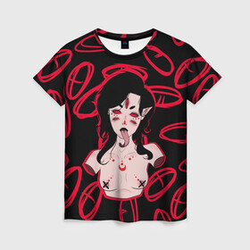 Женская футболка 3D с принтом девушка с множеством глаз в Кировске, 100% полиэфир ( синтетическое хлопкоподобное полотно) | прямой крой, круглый вырез горловины, длина до линии бедер | глаза | девушка | демон | язык