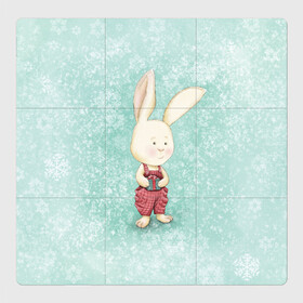 Магнитный плакат 3Х3 с принтом Зайчик с подарком в Кировске, Полимерный материал с магнитным слоем | 9 деталей размером 9*9 см | зайчик | зима | красный | малыш | новый год | подарок | ребенок | снежинка