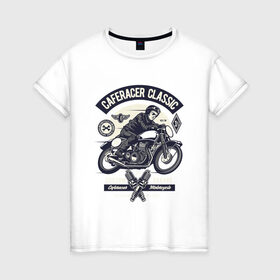 Женская футболка хлопок с принтом кафе гонщик классический в Кировске, 100% хлопок | прямой крой, круглый вырез горловины, длина до линии бедер, слегка спущенное плечо | motorcycle | racer | гонщик | мотоцикл