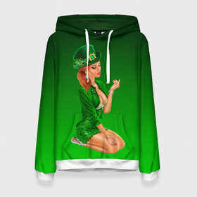 Женская толстовка 3D с принтом девушка лепрекон в зеленом в Кировске, 100% полиэстер  | двухслойный капюшон со шнурком для регулировки, мягкие манжеты на рукавах и по низу толстовки, спереди карман-кенгуру с мягким внутренним слоем. | 17 марта | девушка | день святого патрика | зеленый | зеленый костюм | ирландия | клевер | кружка | лепрекон | модель | монеты | рисунок | традиции | эль