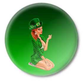 Значок с принтом девушка лепрекон в зеленом в Кировске,  металл | круглая форма, металлическая застежка в виде булавки | 17 марта | девушка | день святого патрика | зеленый | зеленый костюм | ирландия | клевер | кружка | лепрекон | модель | монеты | рисунок | традиции | эль