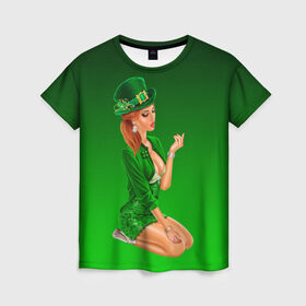 Женская футболка 3D с принтом девушка лепрекон в зеленом в Кировске, 100% полиэфир ( синтетическое хлопкоподобное полотно) | прямой крой, круглый вырез горловины, длина до линии бедер | Тематика изображения на принте: 17 марта | девушка | день святого патрика | зеленый | зеленый костюм | ирландия | клевер | кружка | лепрекон | модель | монеты | рисунок | традиции | эль