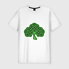 Мужская футболка хлопок Slim с принтом кельтский клевер в Кировске, 92% хлопок, 8% лайкра | приталенный силуэт, круглый вырез ворота, длина до линии бедра, короткий рукав | 17 марта | день святого патрика | дерево | зеленый | ирландия | кельтский узор | клевер | рисунок | традиции | трехлистник