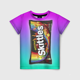 Детская футболка 3D с принтом Skittles | Черный в Кировске, 100% гипоаллергенный полиэфир | прямой крой, круглый вырез горловины, длина до линии бедер, чуть спущенное плечо, ткань немного тянется | black | skittles | sweet heat | градиент | зеленый | радуга | розовый | синий | скитлс | черный