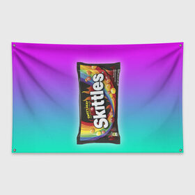 Флаг-баннер с принтом Skittles | Черный в Кировске, 100% полиэстер | размер 67 х 109 см, плотность ткани — 95 г/м2; по краям флага есть четыре люверса для крепления | black | skittles | sweet heat | градиент | зеленый | радуга | розовый | синий | скитлс | черный