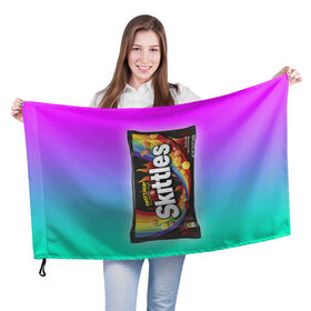 Флаг 3D с принтом Skittles | Черный в Кировске, 100% полиэстер | плотность ткани — 95 г/м2, размер — 67 х 109 см. Принт наносится с одной стороны | black | skittles | sweet heat | градиент | зеленый | радуга | розовый | синий | скитлс | черный