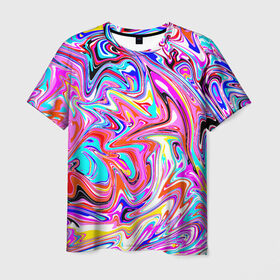 Мужская футболка 3D с принтом ЖИДКИЕ КРАСКИ в Кировске, 100% полиэфир | прямой крой, круглый вырез горловины, длина до линии бедер | colorfull | multicolor | абстрактный | абстракция | акварель | гуашь | жидкий | летняя | мода2021 | подтеки | психоделический | разводы краски | разноцветная | стиль | трендовый | яркий принт