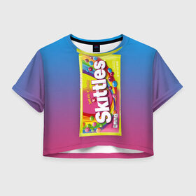 Женская футболка Crop-top 3D с принтом Skittles | Желтый в Кировске, 100% полиэстер | круглая горловина, длина футболки до линии талии, рукава с отворотами | skittles | sweet sours | yellow | градиент | желтый | красный | радуга | розовый | синий | скитлс | фиолетовый
