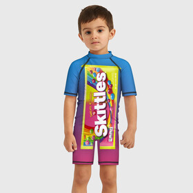 Детский купальный костюм 3D с принтом Skittles | Желтый в Кировске, Полиэстер 85%, Спандекс 15% | застежка на молнии на спине | Тематика изображения на принте: skittles | sweet sours | yellow | градиент | желтый | красный | радуга | розовый | синий | скитлс | фиолетовый
