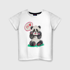 Детская футболка хлопок с принтом Акварельная милая панда в Кировске, 100% хлопок | круглый вырез горловины, полуприлегающий силуэт, длина до линии бедер | hi | акварель | любовь | мило | няшно | панда | привет