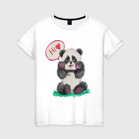 Женская футболка хлопок с принтом Акварельная милая панда в Кировске, 100% хлопок | прямой крой, круглый вырез горловины, длина до линии бедер, слегка спущенное плечо | hi | акварель | любовь | мило | няшно | панда | привет