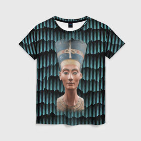 Женская футболка 3D с принтом Нефертити в Кировске, 100% полиэфир ( синтетическое хлопкоподобное полотно) | прямой крой, круглый вырез горловины, длина до линии бедер | африка | божества | волны | геометрия | египет | маска | нефертити | фараон | царица