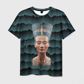 Мужская футболка 3D с принтом Нефертити в Кировске, 100% полиэфир | прямой крой, круглый вырез горловины, длина до линии бедер | африка | божества | волны | геометрия | египет | маска | нефертити | фараон | царица