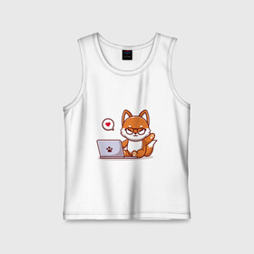 Детская майка хлопок с принтом Cute fox and laptop в Кировске,  |  | fox | laptop | love | кицуне | кицунэ | комп | компьютер | лапа | лапка | лиса | лисенок | лисичка | лэптоп | любовь | ноут | ноутбук | отпечаток | очки | привет | рука | ручка | сердечко | сердце