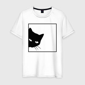 Мужская футболка хлопок с принтом BLACK CAT | ЧЕРНАЯ КОШКА в Кировске, 100% хлопок | прямой крой, круглый вырез горловины, длина до линии бедер, слегка спущенное плечо. | black | cat | cats | creative | hunter | minimalism | night | кот | коте | котенок | котэ | кошка | креатив | креативная | минимализм | надпись | ночь | охотник | текст | черная | черный