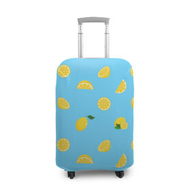 Чехол для чемодана 3D с принтом Лимоны на голубом в Кировске, 86% полиэфир, 14% спандекс | двустороннее нанесение принта, прорези для ручек и колес | citrus | lemon | pattern | seamless | summer | tropical | желтый | лето | лимон | природа | тропики | узор | фрукты | цитрус | экзотика