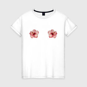 Женская футболка хлопок с принтом Тропические цветы в Кировске, 100% хлопок | прямой крой, круглый вырез горловины, длина до линии бедер, слегка спущенное плечо | бра | гибискус | лето | лифчик | ракушки | тропики | феминизм | цветок | цветы