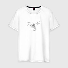 Мужская футболка хлопок с принтом Вискас в Кировске, 100% хлопок | прямой крой, круглый вырез горловины, длина до линии бедер, слегка спущенное плечо. | вискас | животные | искусство | кот | котик | прикол | сотворение адама | юмор