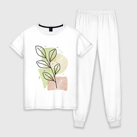 Женская пижама хлопок с принтом Листья на акварели в Кировске, 100% хлопок | брюки и футболка прямого кроя, без карманов, на брюках мягкая резинка на поясе и по низу штанин | абстракция | акварель | ветка | зелёный | листва | листья | природа | простой