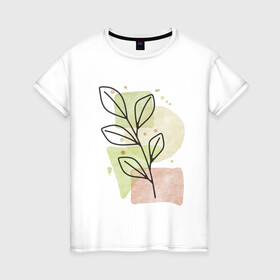 Женская футболка хлопок с принтом Листья на акварели в Кировске, 100% хлопок | прямой крой, круглый вырез горловины, длина до линии бедер, слегка спущенное плечо | абстракция | акварель | ветка | зелёный | листва | листья | природа | простой