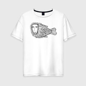 Женская футболка хлопок Oversize с принтом Пернатая рыба в Кировске, 100% хлопок | свободный крой, круглый ворот, спущенный рукав, длина до линии бедер
 | графика | девушка | пернатая рыба | рыба | черно белая