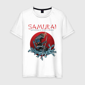 Мужская футболка хлопок с принтом Самурай в Кировске, 100% хлопок | прямой крой, круглый вырез горловины, длина до линии бедер, слегка спущенное плечо. | воин | доспехи | катана | меч | руки | самурай | самурайский меч | страдания | япония