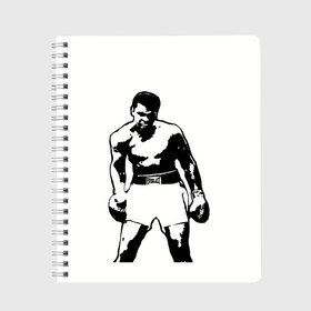 Тетрадь с принтом The Greatest (Muhammad Ali) в Кировске, 100% бумага | 48 листов, плотность листов — 60 г/м2, плотность картонной обложки — 250 г/м2. Листы скреплены сбоку удобной пружинной спиралью. Уголки страниц и обложки скругленные. Цвет линий — светло-серый
 | ali | clay | mohammed | али | боец | боксер | величайший | возможность | искусства | касиус | клей | личность | мозайка | мотивация | мохаммед | мухамед | перчатки | сила | слова | спорт | темный | узор
