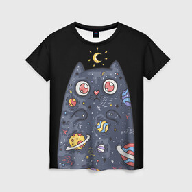 Женская футболка 3D с принтом КОСМИЧЕСКИЙ КОТ в Кировске, 100% полиэфир ( синтетическое хлопкоподобное полотно) | прямой крой, круглый вырез горловины, длина до линии бедер | артемис | астероиды | вселенная | галактика | диана | звезды | кометы | космос | кот | котенок | котик | луна | месяц | ночь | планеты | сейлор мун | туманность | черная кошка