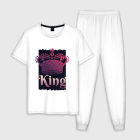 Мужская пижама хлопок с принтом King Король Корона в Кировске, 100% хлопок | брюки и футболка прямого кроя, без карманов, на брюках мягкая резинка на поясе и по низу штанин
 | 23 февраля | chess | crown | duke | for man | gradient | king | man | pink | purple | russian | true king | tsar | всея руси | градиент | для мужчины | для парня | князь | настоящий король | парень | прикол | русский | русь | царевич | ца