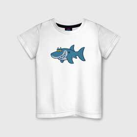 Детская футболка хлопок с принтом АКУЛЕНОК в Кировске, 100% хлопок | круглый вырез горловины, полуприлегающий силуэт, длина до линии бедер | fish | megalodon | shark | teeth | white shark | акула | белая акула | зубы | мегалодон | рыба