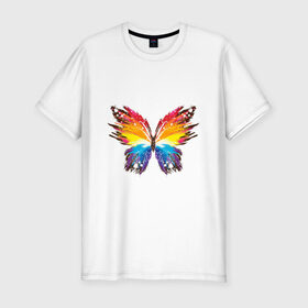 Мужская футболка хлопок Slim с принтом бабочка краской в Кировске, 92% хлопок, 8% лайкра | приталенный силуэт, круглый вырез ворота, длина до линии бедра, короткий рукав | бабочка | беспозвоночные | брызги | градиент | краска | красочная | крылья | лето | мотыльки и бабочки | насекомое | насекомые | радуга | ярко